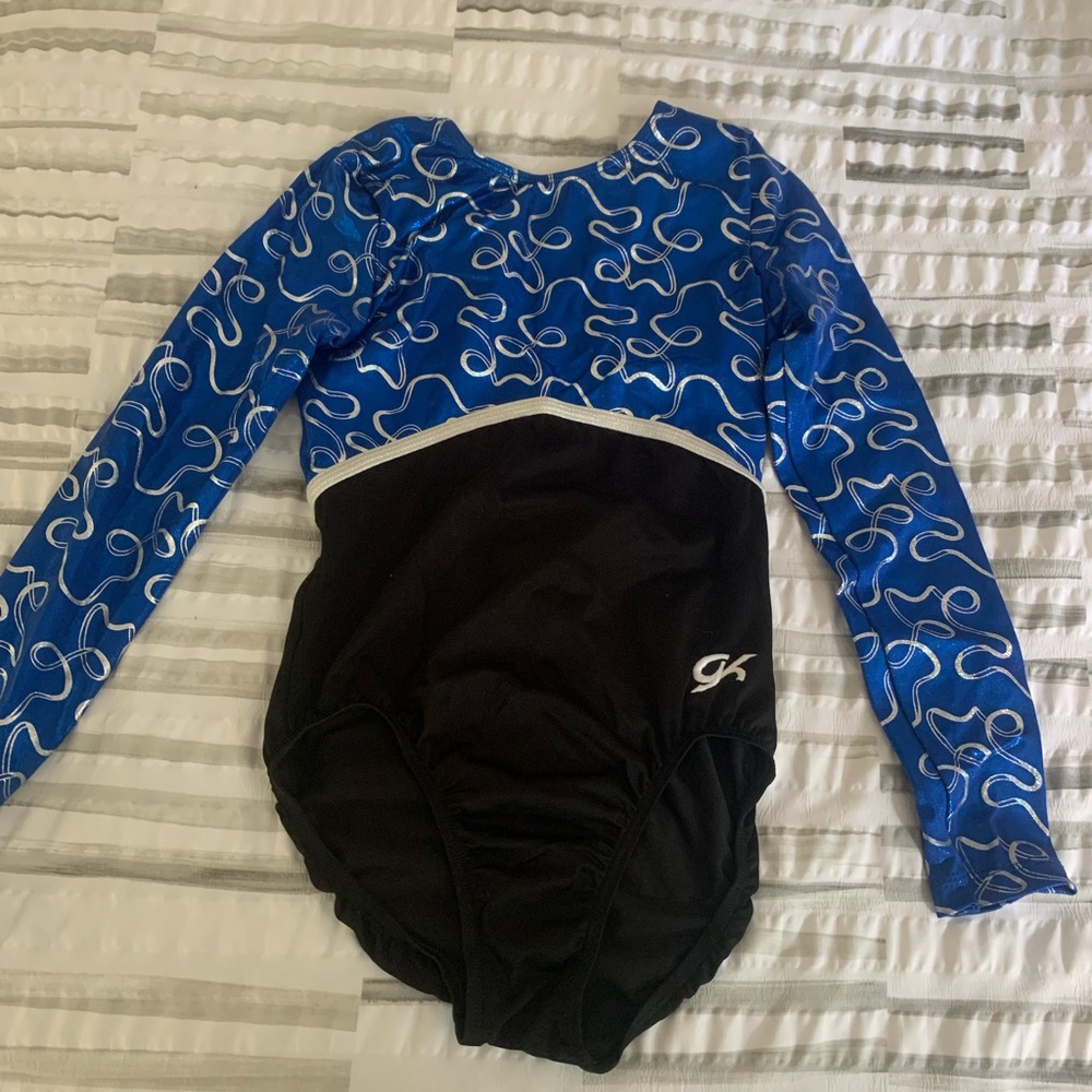 Blue, silver, and black long-sleeve GK leotard in size Adult Medium (AM)